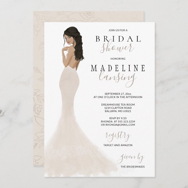 Bride in Champagne Lace Gown Bridal Shower Invitation (Front/Back)
