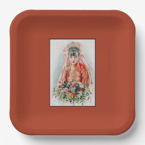 Bride in Chinese Red Wedding Shanghai Yuefenpai Paper Plates