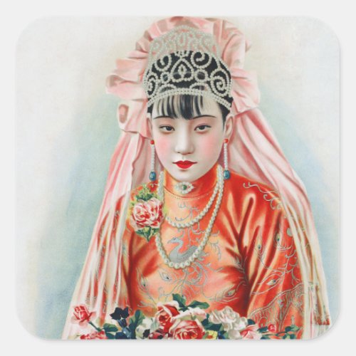 Bride in Chinese Red Wedding Shanghai Yuefenpai Square Sticker