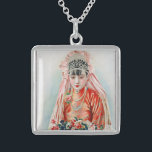 Bride in Chinese Red Wedding Shanghai Yuefenpai Sterling Silver Necklace<br><div class="desc">A Chinese Wedding Bride in Red Shanghai Yuefenpai in a traditional red asian wedding dress and holding a bouquet of flowers. Yuefenpai (chart of months) is a type of calendar poster that was prevalent during the Republican period (1912–1949). An advertisement in the form of a calendar, given with sold items...</div>