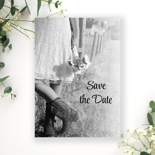 Bride in Cowboy Boots and Sunflowers Save the Date Invitation