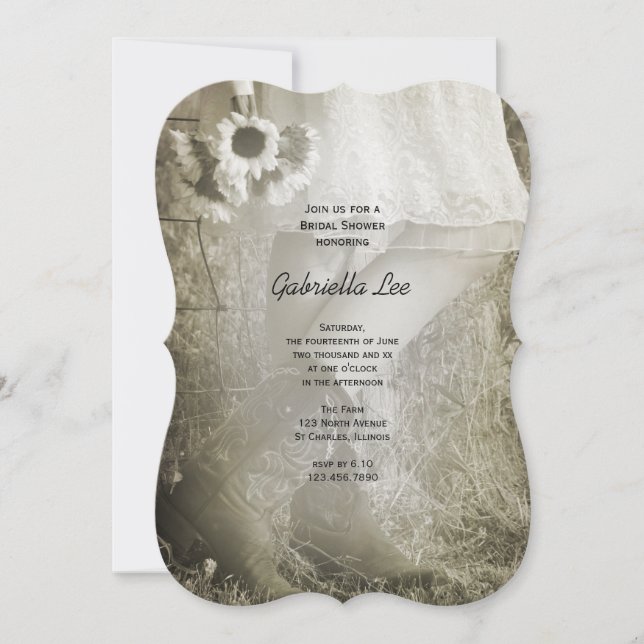 Bride in Cowboy Boots Ranch Bridal Shower Sepia Invitation (Front)
