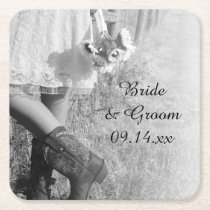 Bride in Cowboy Boots Sunflowers Country Wedding Square Paper Coaster