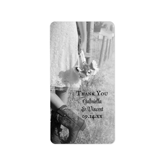 Bride in Cowboy Boots Sunflowers Wedding Thank You Label (Front)