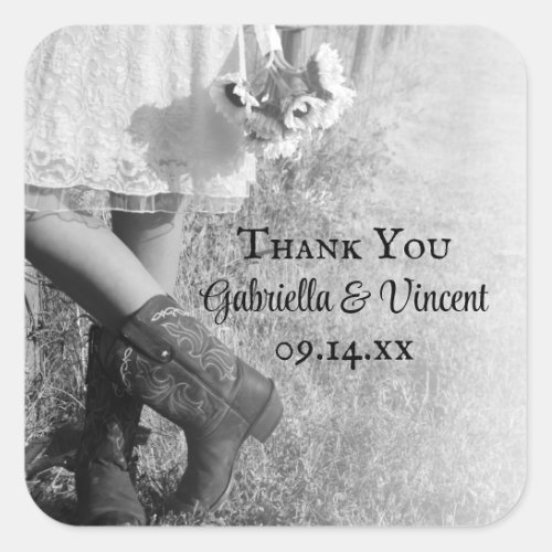 Bride in Cowboy Boots Sunflowers Wedding Thank You Square Sticker