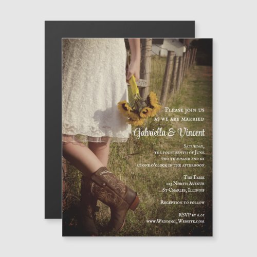 Bride in Cowboy Boots with Sunflower Ranch Wedding Magnetic Invitation