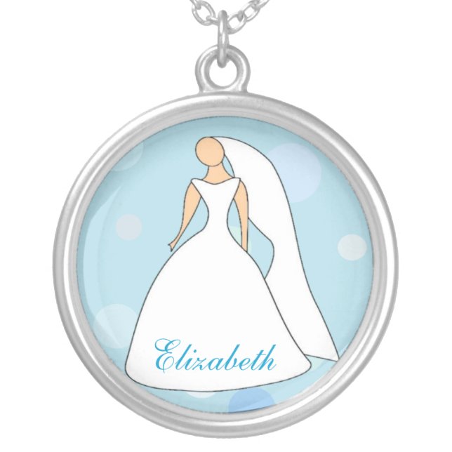 Bride in Gown Blue Polka Dot Personalized Necklace (Front)