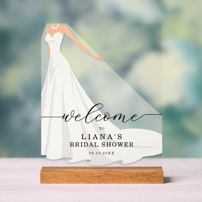 Bride in Gown Bridal Shower Welcome Acrylic Sign (Neutral)