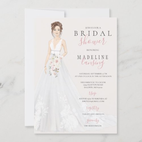 Bride in Lace Wedding Gown Bridal Shower Invitation