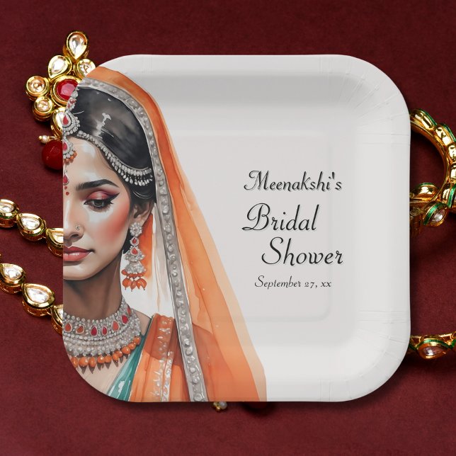 Bride In Lehenga Choli Ethnic Indian Bridal Shower Paper Plates (Flat lay orange gold pre wedding elegance – Trbollywood Indian Bridal Shower Plate)