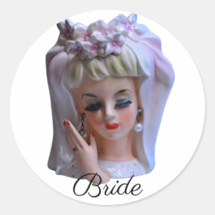 Bride in Pink Head Vase Doll Manicure Wedding Day Classic Round Sticker