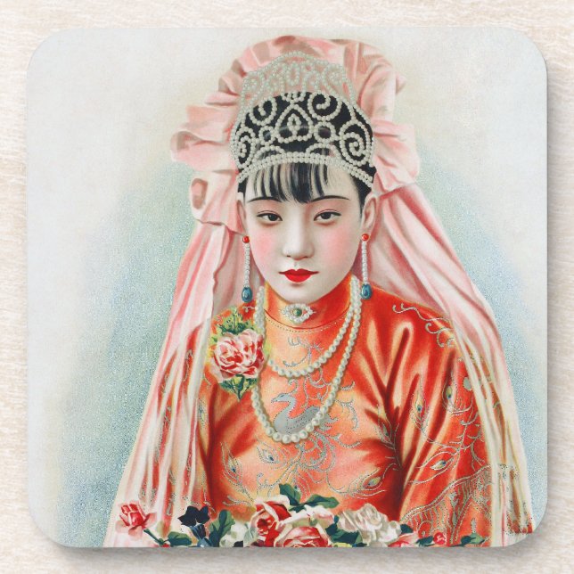 Bride in Red at Chinese Wedding in Shanghai Beverage Coaster (Front)