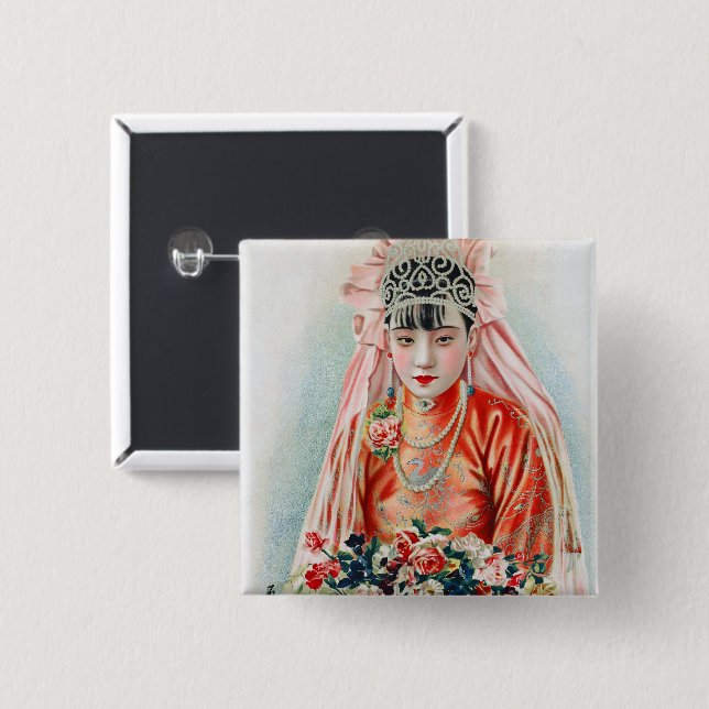 Bride in Red at Chinese Wedding in Shanghai Button (Front & Back)