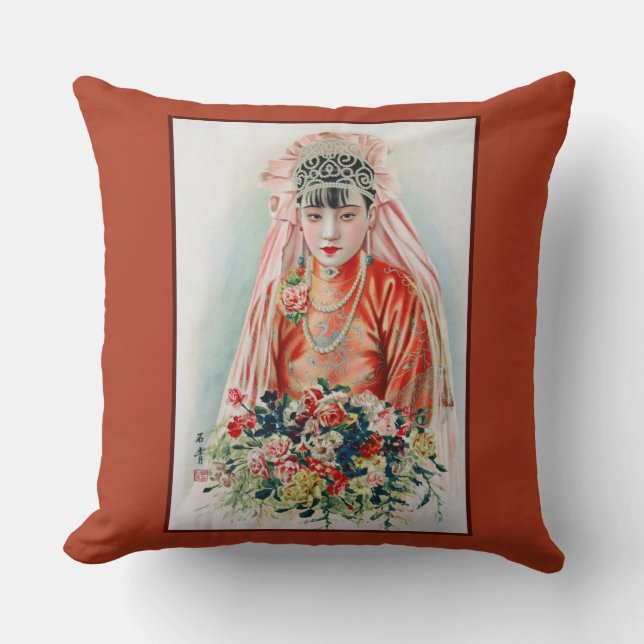 Bride in Red at Chinese Wedding in Shanghai Throw Pillow (Front)