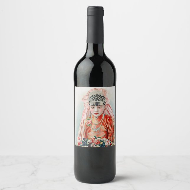 Bride in Red at Chinese Wedding in Shanghai Wine Label (Front)