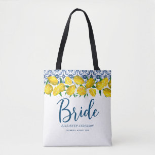 Bride Italian Blue Tile Lemon Boho Wedding Tote Bag