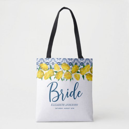 Bride Italian Blue Tile Lemon Boho Wedding  Tote Bag