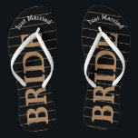 Bride Just Married Faux Gold on Black or Any Color Flip Flops<br><div class="desc">Faux Gold White and Black Stripes Pattern - Change to Any Color by clicking customize. Bride Just Married Gold on Black or Any Color. You can change the color of the black background Match any event or make them your favorite color with gold combination! Can also change the Just Married...</div>
