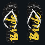 Bride Just Married Faux Gold on Black or Any Color Flip Flops<br><div class="desc">Faux Gold White and Black Stripes Pattern - Change to Any Color by clicking customize. Bride Just Married Gold on Black or Any Color. You can change the color of the black background Match any event or make them your favorite color with gold combination! Can also change the Just Married...</div>
