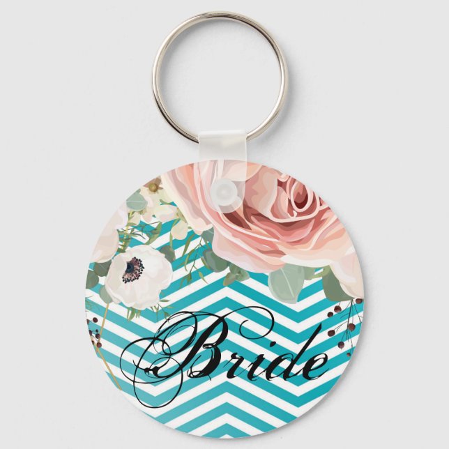 Bride Key Chain Geometric Rose Chevron Teal (Front)