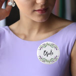 Bride lavender violet eucalyptus greenery wedding button<br><div class="desc">For the bride to be. A chic white background. Decorated with lavender,  violet florals flowers and watercolored eucalyptus greenery.</div>