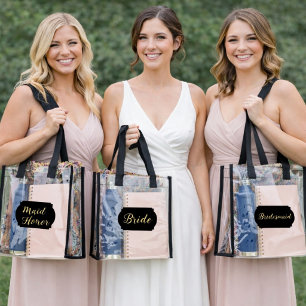 Bride Letters in Gold Color On A Black Plaque Clear Tote Bag