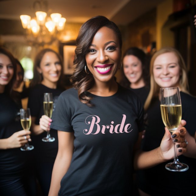 Bride Light Pink Script Wedding Black T-Shirt (Creator Uploaded)