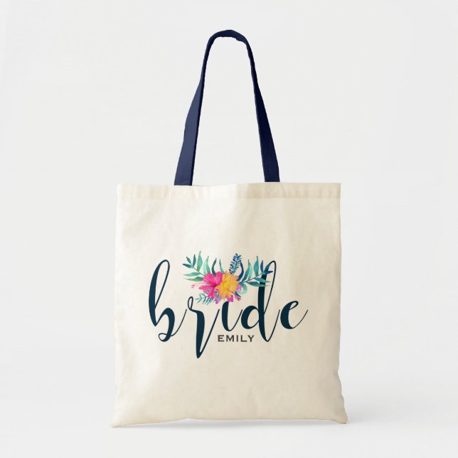 Bride-Modern Blue Typography & Floral Accent Tote Bag (Front)