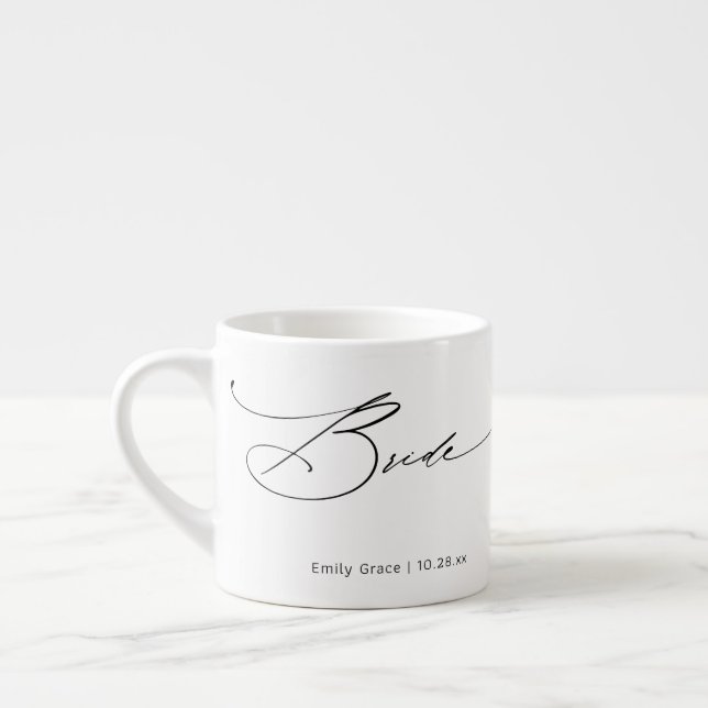 Bride Modern Elegant Script Wedding Custom Name Espresso Cup (Left)