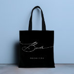 Bride Modern Elegant Script Wedding Custom Name Tote Bag<br><div class="desc">Bride Modern Elegant Script Typography Wedding Custom Name Tote Bag features the simple text "Bride" in an elegant modern white calligraphy script typography. Personalized with your custom name and wedding date. Perfect for the bride for a bridal shower or wedding day. Designed by Evco Studio www.zazzle.com/store/evcostudio</div>