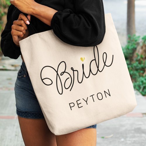 Bride Modern Script Gold Heart Wedding Name Tote Bag