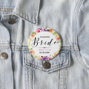Bride Modern Typography 2 Colorful Flowers Wreath Button