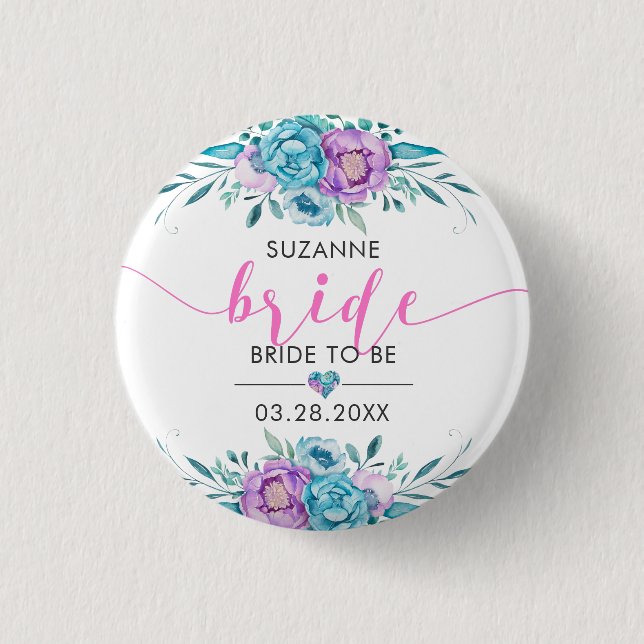 Bride Modern Typography Boho Flowers Button (Front)