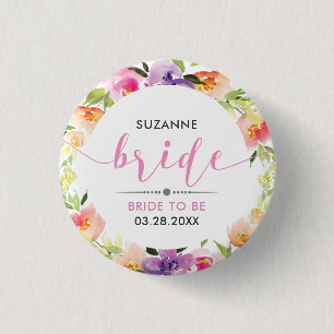 Bride Modern Typography Colorful Flowers Wreath Button