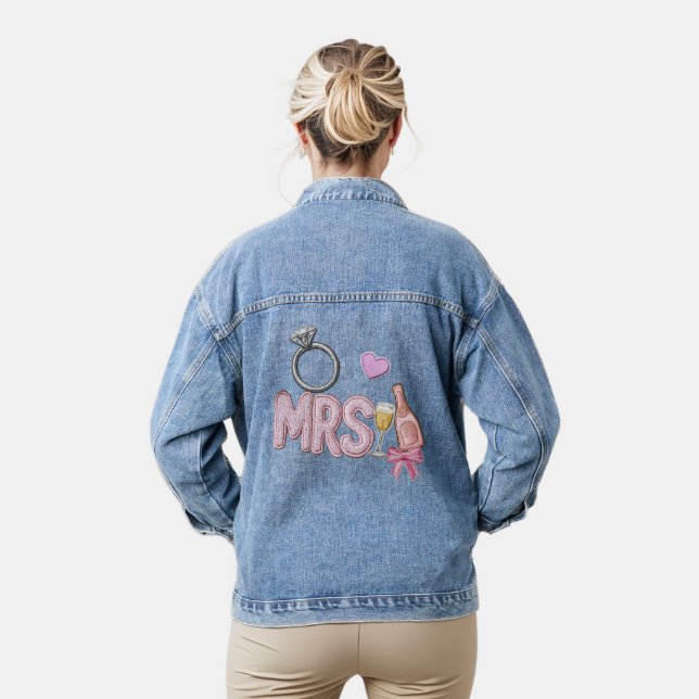 Bride MRS Faux Patch Embroidered Champagne  Denim Jacket (Model)