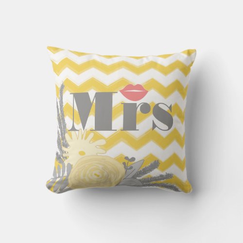 Bride Mrs Lips Grey Peach and Yellow Zig Zag Throw Pillow