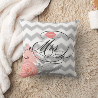 Bride Mrs Lips Navy Coral Grey Zig Zag Floral Throw Pillow