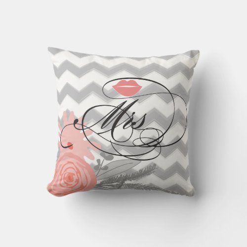 Bride Mrs Lips Navy Coral Grey Zig Zag Floral Throw Pillow