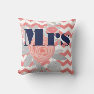 Bride Mrs Lips Navy Coral Grey Zig Zag Floral Throw Pillow
