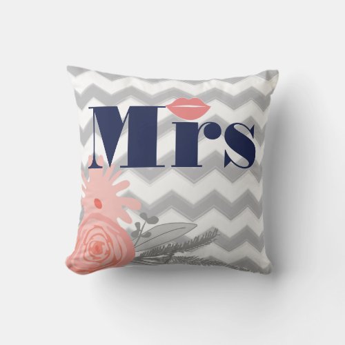 Bride Mrs Lips Navy Coral Grey Zig Zag Floral Throw Pillow