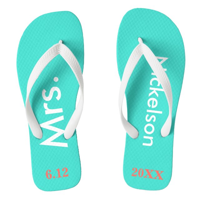 Bride Mrs. Turquoise Blue Flip Flops (Footbed)