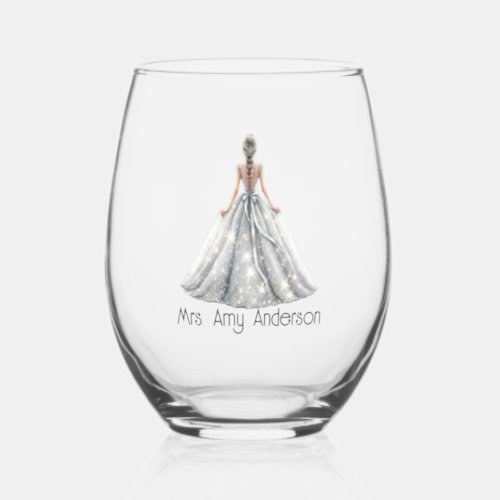 Bride Mrs Wedding Dress Bridal Gift Custom Stemle Stemless Wine Glass