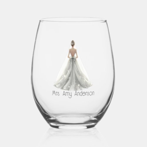 Bride Mrs Wedding Dress Bridal Gift Custom Stemless Wine Glass