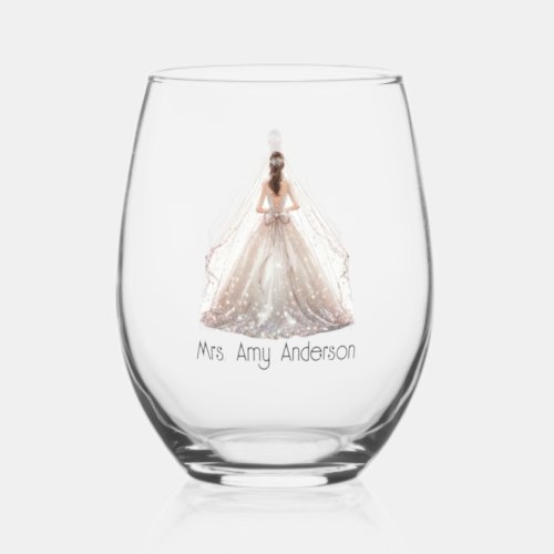 Bride Mrs Wedding Dress Bridal Gift Custom Stemless Wine Glass