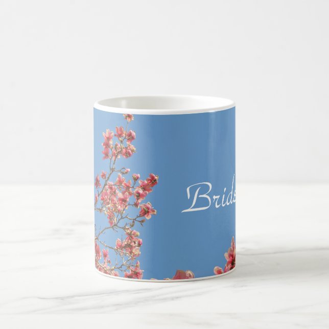 Bride Mug, Pink Blossoms, Text says Bride Coffee Mug (Center)