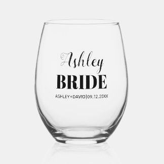 Bride name black typography wedding stemless wine glass