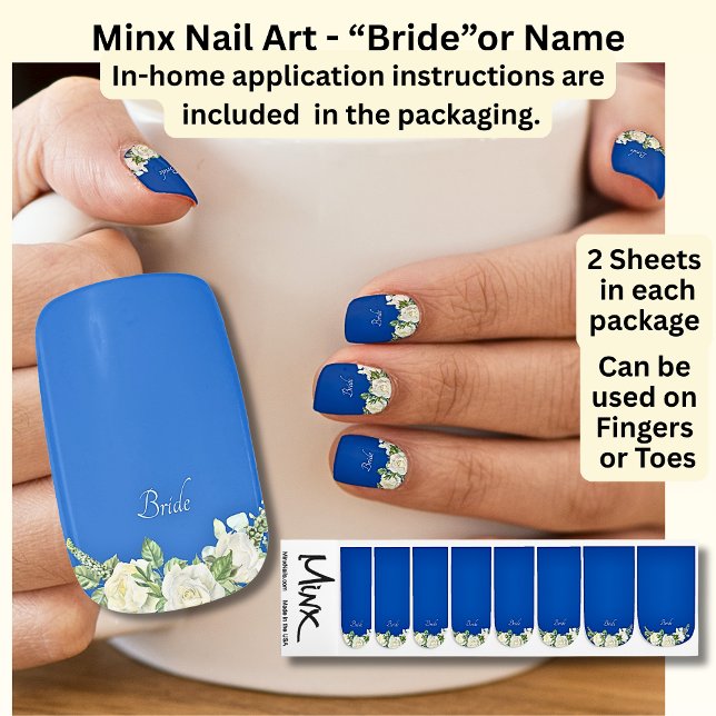 Bride / Name, Cobalt Blue & White Roses Minx Nail Art (Creator Uploaded)