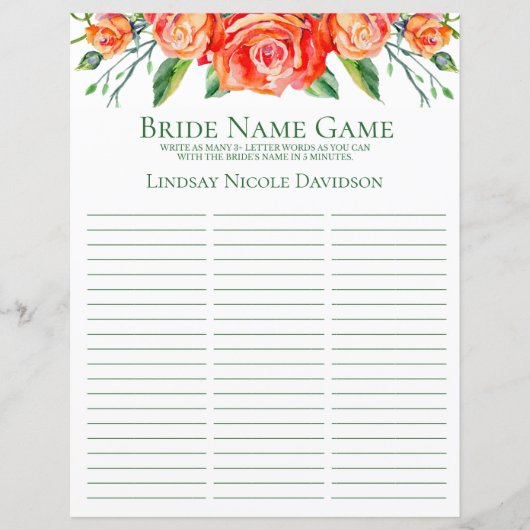 Bride Name Game Coral Roses (Front)