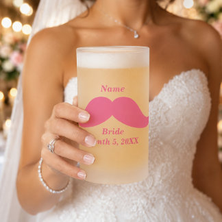 Bride Name Pink Mustache Frosted Glass Beer Mug