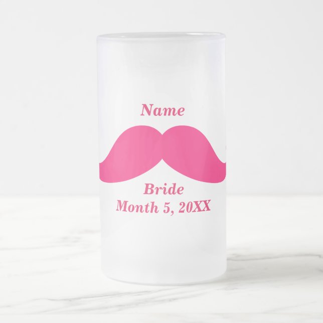 Bride Name Pink Mustache Frosted Glass Beer Mug (Center)
